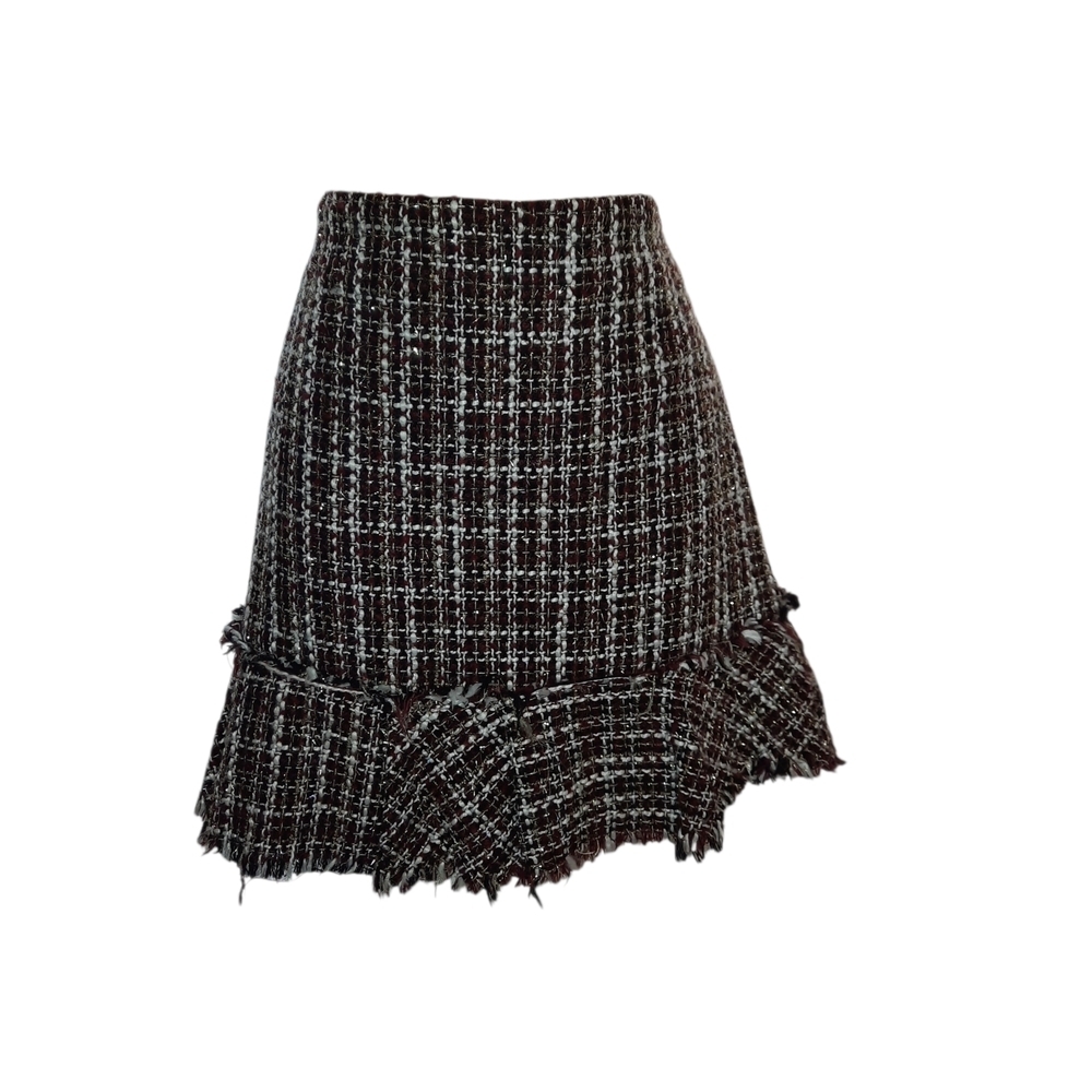 Alya Black & White Tweed Ruffle-Hem A-Line Skirt